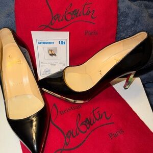 Christian Louboutin Black Patent Leather Pigalle Plato Pumps with Floral Detail